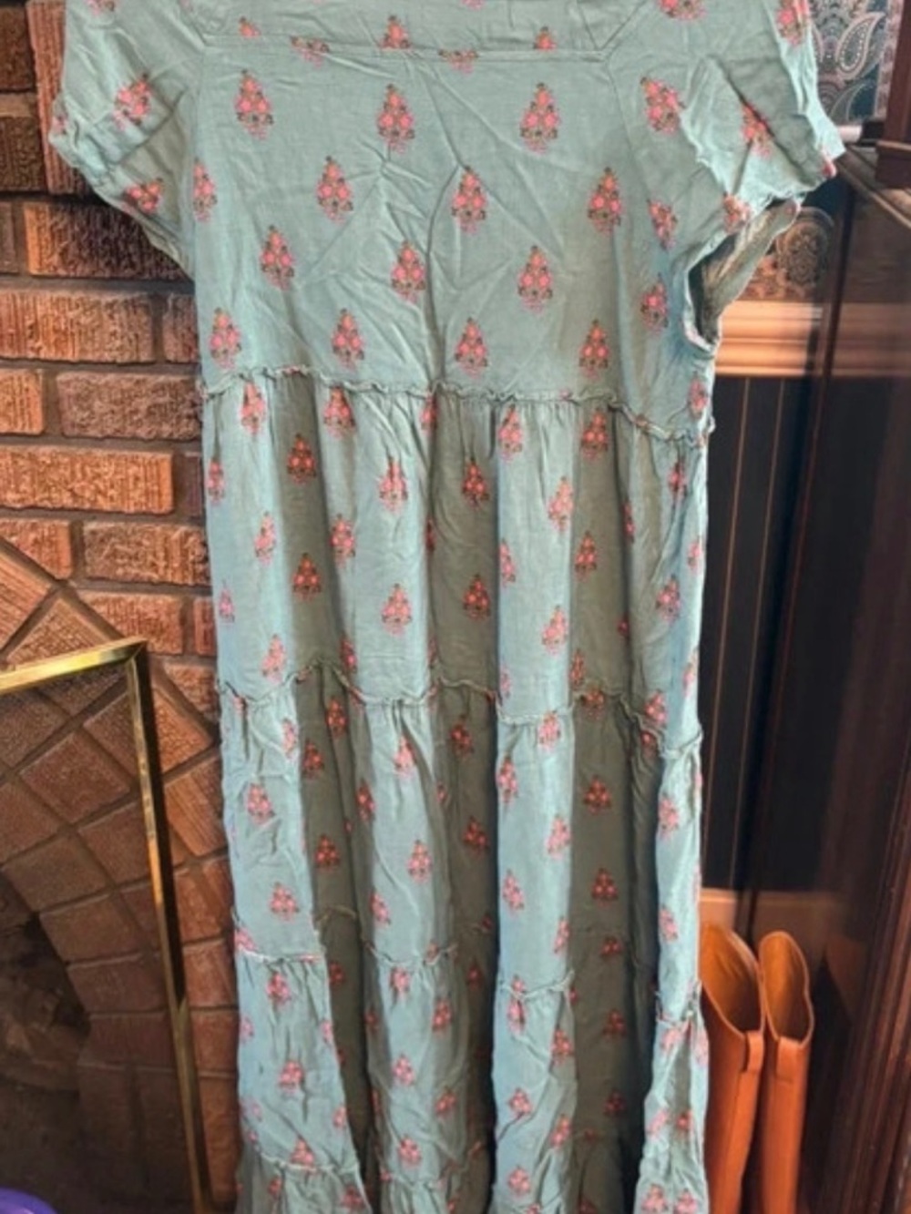 NATURAL LIFE Berkley Mint Green Tiered Dress with Pink Floral Print